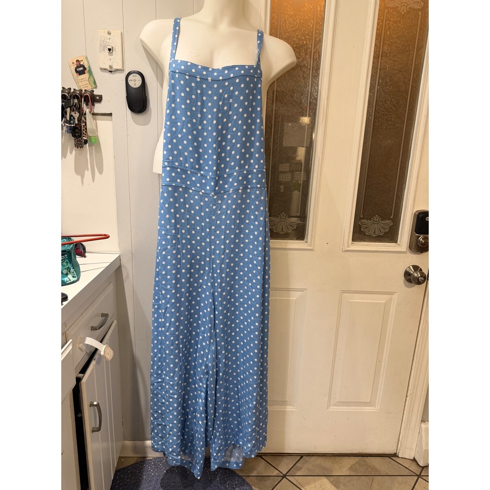 Torrid Blue Polka Dot Wide Leg Jumpsuit Adjustable Straps Size 4S Plus Size